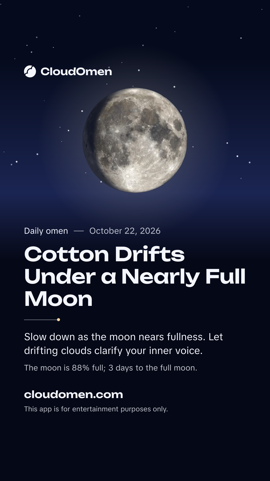 Story image: Cotton Drifts Under a Nearly Full Moon